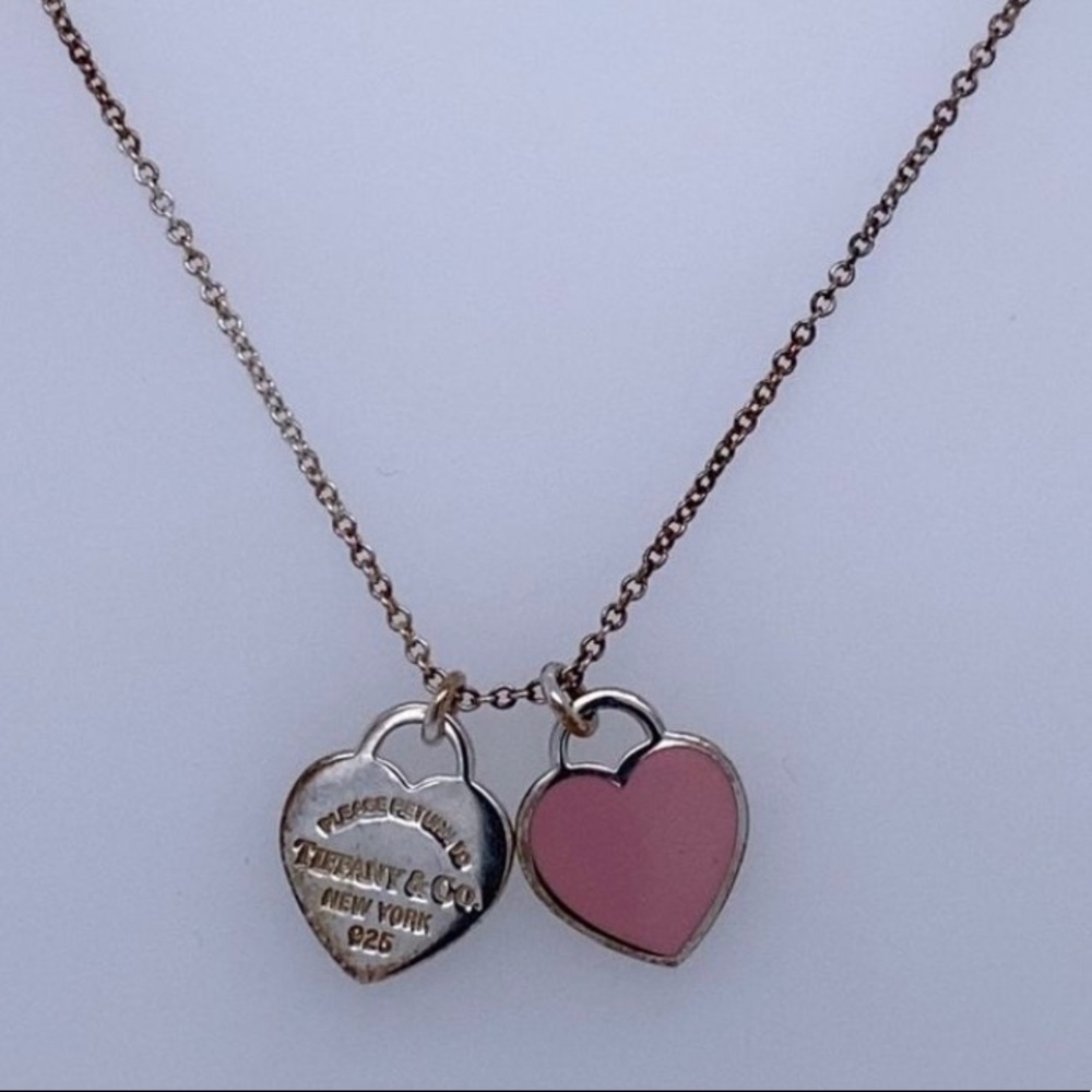Tiffany and co enamel pink double heart necklace